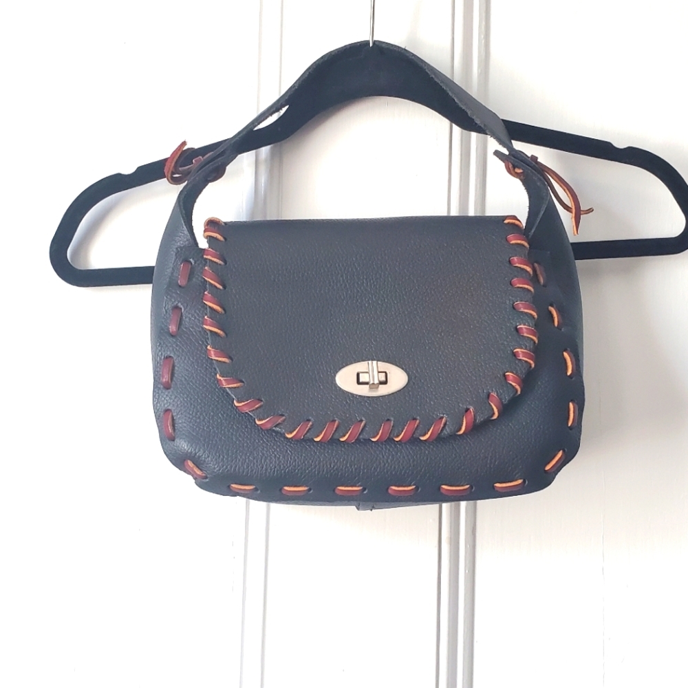 Handmade leather black shoulder bag